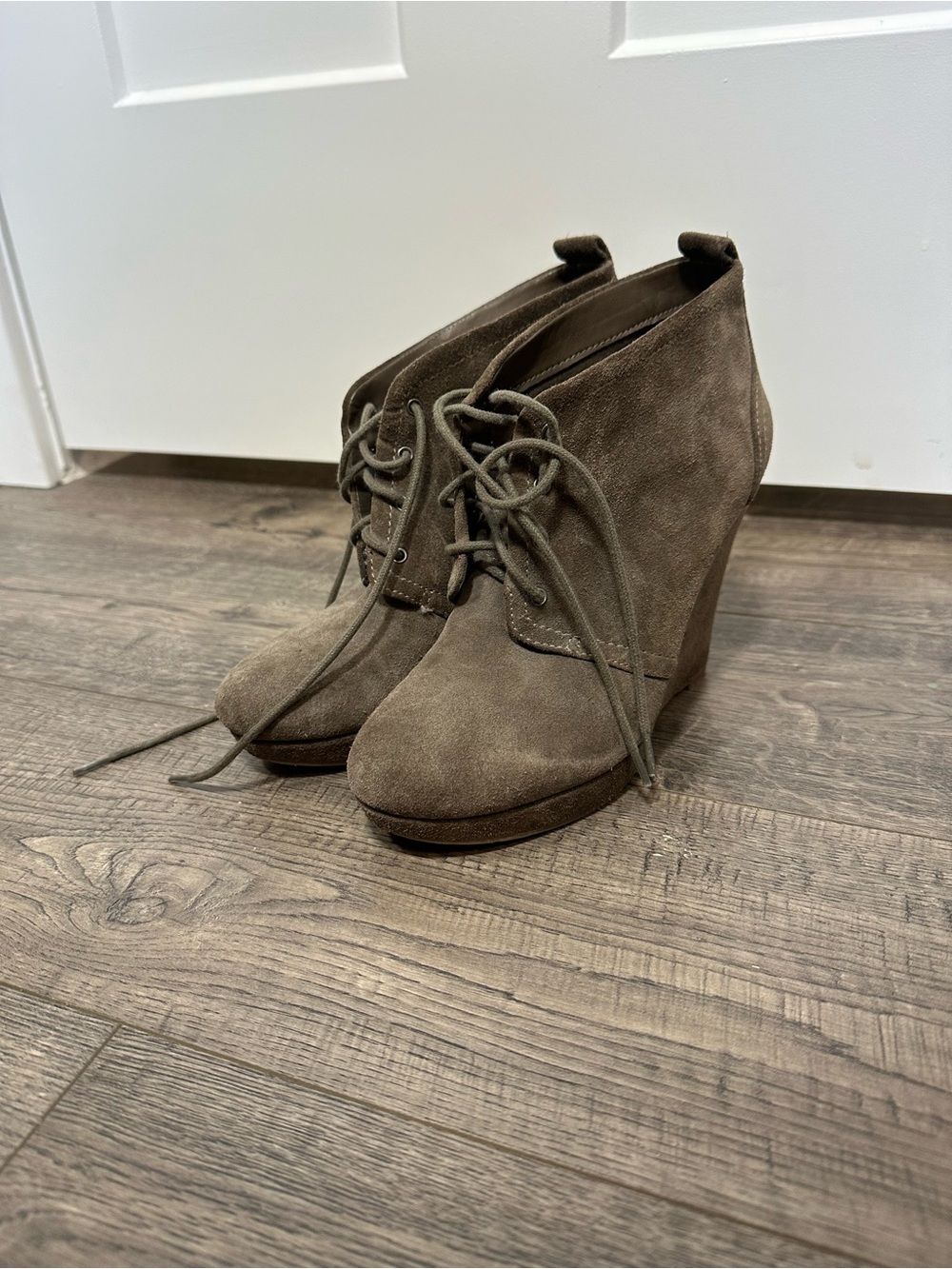 Jessica Simpson Taupe Suede Lace-Up Wedge Booties
